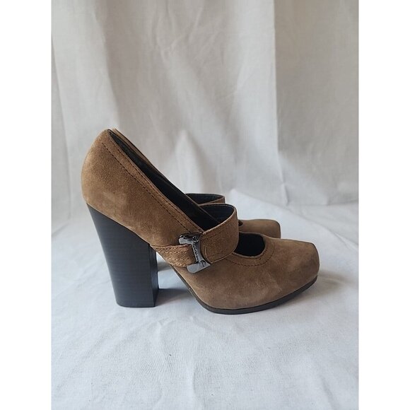 CALVIN KLEIN Natalie Kid Suede Tan Mary Jane Women's Heel 70s Strap Buckle - Picture 1 of 4